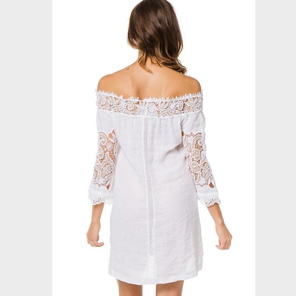 Temptation Positano White Crochet Lace Off-Shoulder Trani Linen Dress Tunic Sm - Picture 2 of 14